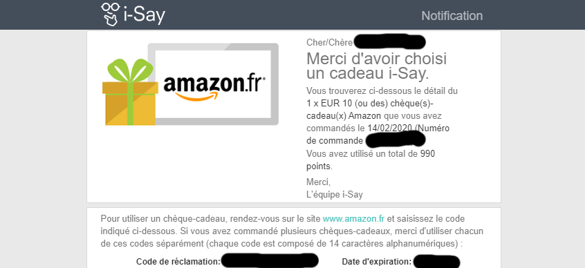 Preuve de paiement Ipsos i-Say Amazon 10 euros