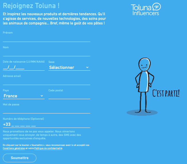 Formulaire inscription Toluna Influencers