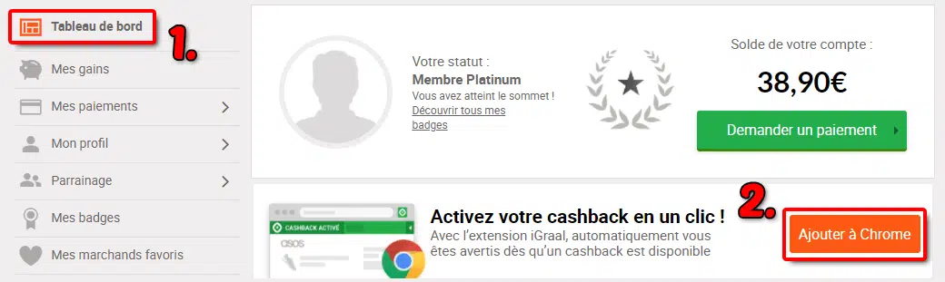 Tableau de bord extension iGraal ajouter à Chrome