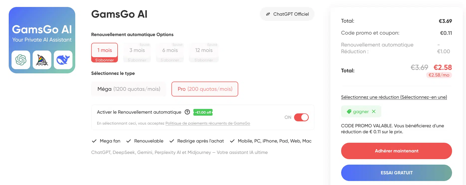 payer chat gpt moins cher gamsgo ai chatbot