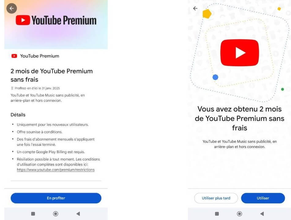 Parfois, il y a des promotions avec Youtube Premium gratuit, comme à Noël 2024 où les nouveaux utilisateurs recevaient 2 mois gratuits en s'inscrivant au programme Google Play Points (source : phonandroid)