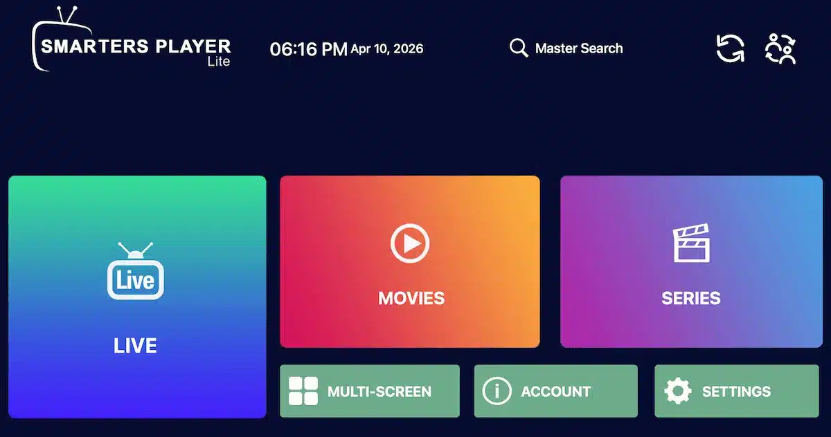 IPTV Smarters Pro écran d'accueil