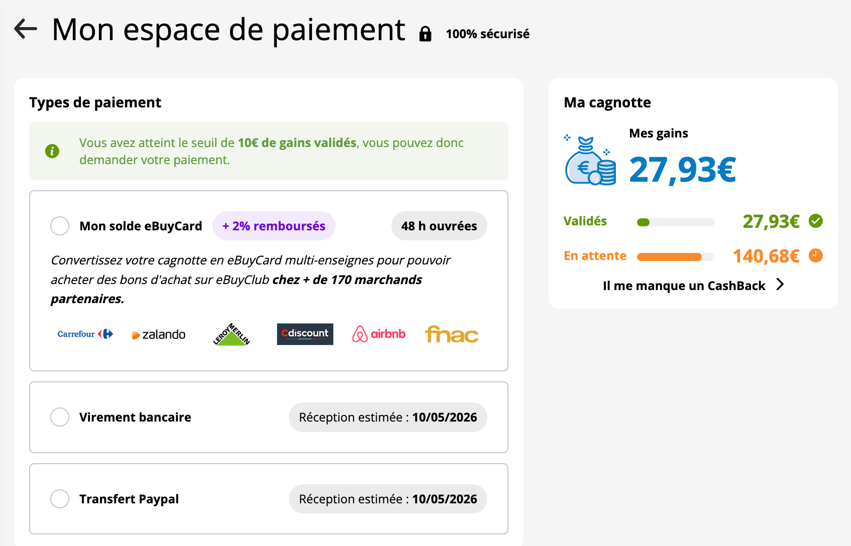 ebuyclub avis encaisser gains paiement carte cadeau virement bancaire paypal ebuycard